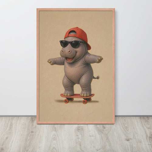 Hippo nursery decor wall art print featuring a cartoon hippopotamus wearing a red baseball cap and black sunglasses while riding a skateboard, displayed against a light gray wall on a light wood floor.