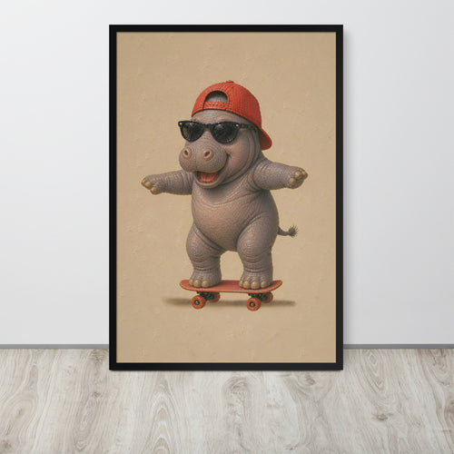 Hippo nursery wall art print featuring a cartoon hippopotamus wearing a red baseball cap and black sunglasses while riding a skateboard, displayed against a light gray wall on a light wood floor.