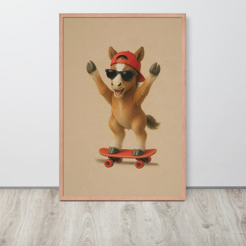 Farmyard nursery wall art print featuring a cartoon horse character wearing a red cap and sunglasses while riding a red skateboard, displayed against a light gray wall on a light wood floor.