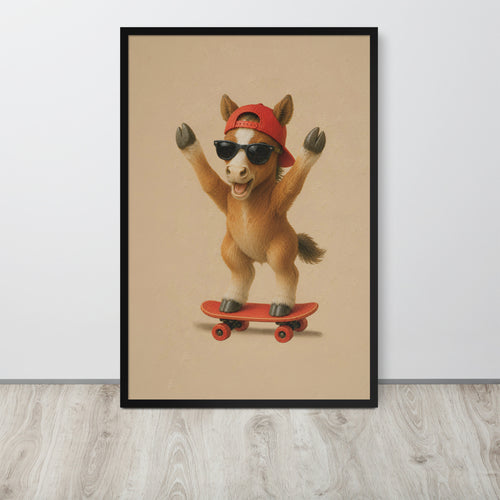 Farm nursery wall art print leaning against a white wall on a light wood floor. The print shows a cartoon horse wearing a red cap and black sunglasses while riding a red skateboard, set against a warm beige background.