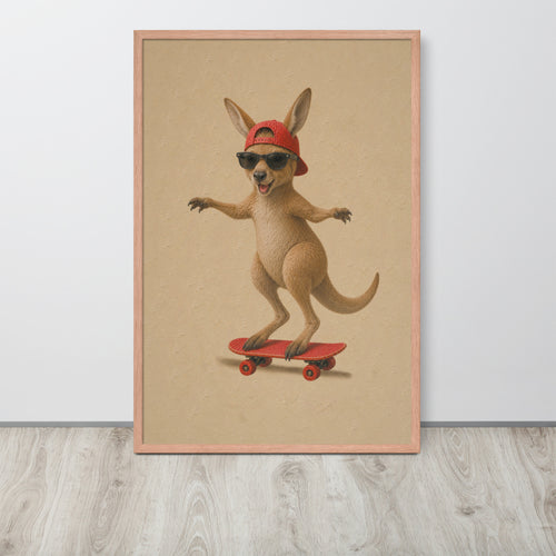 A framed jungle nursery wall art poster print featuring a cartoon kangaroo wearing a red cap and sunglasses while riding a red skateboard, displayed against a light gray wall on a light wood floor.