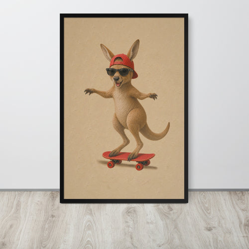 A framed vertical safari nursery wall art print featuring a cartoon kangaroo wearing a red cap and sunglasses while riding a red skateboard, displayed against a light gray wall on a wood floor.