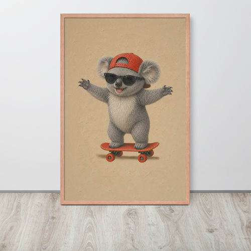 A framed safari nursery wall art print featuring a cute cartoon koala wearing a red cap and sunglasses while riding a red skateboard, displayed on a light wood floor against a white wall.