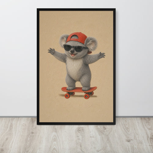 A framed vertical koala nursery art print featuring a cute cartoon koala wearing a red cap and black sunglasses while riding an orange skateboard, displayed against a light gray wall on a light wood floor.