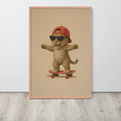 Safari nursery decor leopard wall art print featuring a cute cartoon leopard wearing a red cap and black sunglasses while riding a skateboard, displayed on a light gray wall above a wood-look floor.