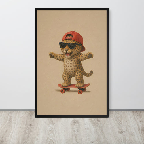 Leopard nursery wall art print featuring a cartoon leopard wearing a red cap and sunglasses while riding a skateboard, displayed against a light gray wall on a light wood floor.
