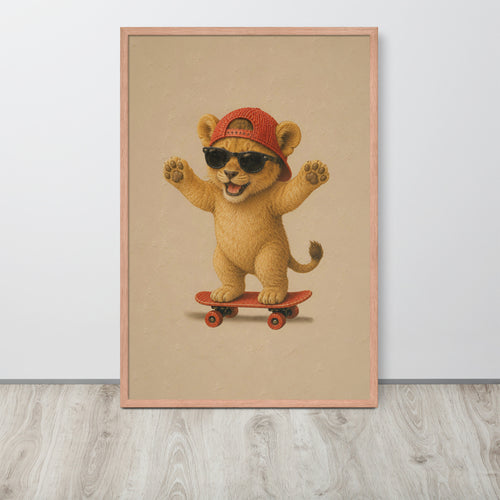 Lion nursery wall art print featuring a cute cartoon lion cub wearing a red cap and black sunglasses while riding a red skateboard, displayed against a light gray wall on a light wood floor.
