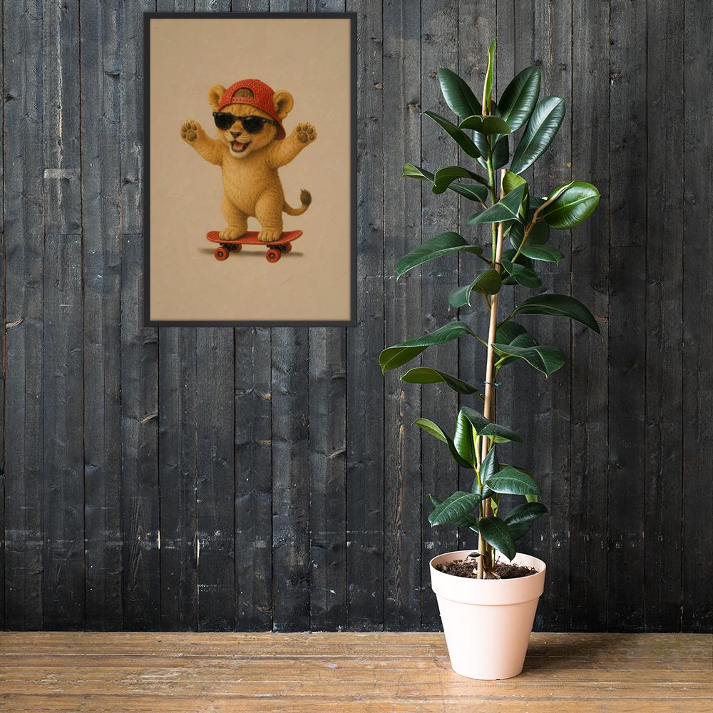 Baby Lion Cub Skateboard Wall Art mockup highlighting baby lion print and lion poster style