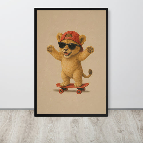 Safari nursery decor lion nursery wall art print featuring a cute cartoon lion cub wearing a red cap and black sunglasses while riding a red skateboard, displayed against a light gray wall on a light wood floor.