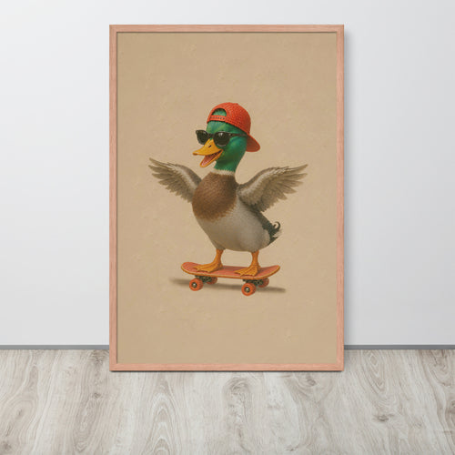 A framed duck nursery wall art poster print featuring a cartoon mallard duck wearing a red cap and sunglasses while riding a skateboard, displayed against a light gray wall on a wood floor.