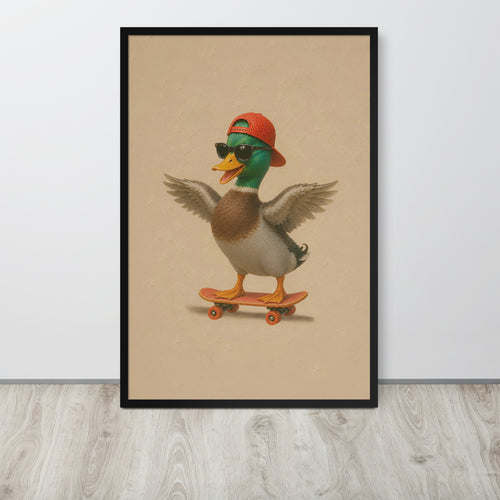 A framed vertical mallard duck nursery wall art print featuring a cartoon mallard duck wearing a red cap and sunglasses while riding an orange skateboard, displayed against a light gray wall on a wood floor.