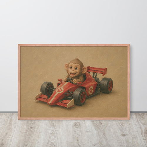 A framed monkey nursery wall art print featuring a cartoon monkey driving a red formula one race car, perfect F1 nursery decor.