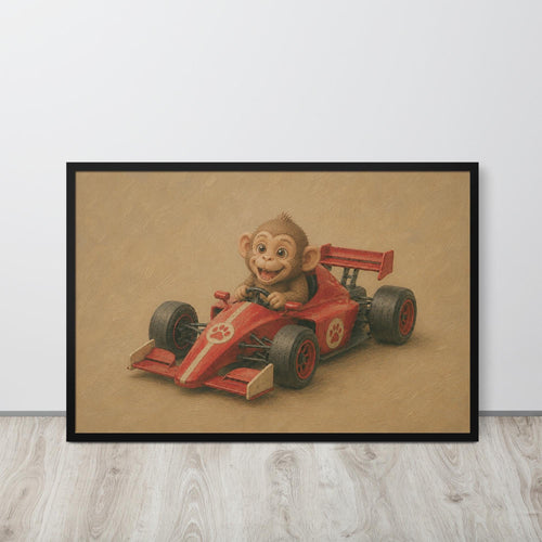 Monkey Racing Car Nursery Wall Art mockup highlighting f1 poster and monkey nursery print style