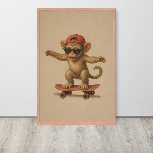 Funny nursery wall art print featuring a baby monkey wearing a red cap and black sunglasses while riding a skateboard, displayed against a light gray wall on a light wood floor.