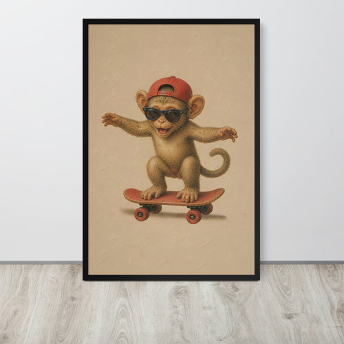 Baby monkey wall art print featuring a cartoon monkey wearing a red cap and sunglasses while riding a skateboard, displayed against a light gray wall on a light wood floor.