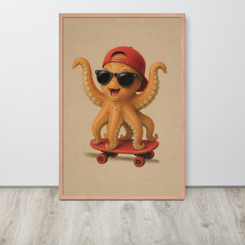A framed sealife octopus nursery wall art print featuring a cute orange octopus wearing a red baseball cap and black sunglasses while riding a red skateboard, displayed against a light gray wall on a light wood floor.