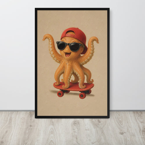A framed vertical ocean nursery wall art print featuring a cartoon octopus wearing a red cap and black sunglasses while riding a red skateboard, displayed against a light gray wall on a wood floor.