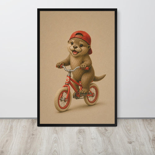 Baby Otter Bicycle Nursery Wall Art Poster mockup highlighting baby otter print and otter poster style