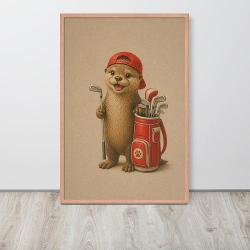 A framed otter nursery wall art print featuring a cute cartoon otter wearing a red baseball cap and holding a golf club next to a red golf bag, displayed on a light gray wall above a light wood floor.