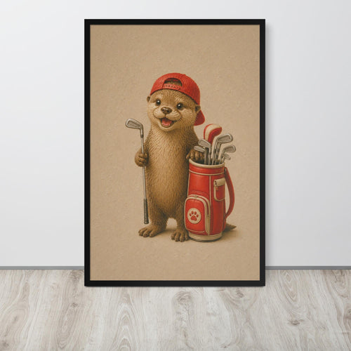 Baby Otter Golf Wall Art poster print mockup highlighting funny otter and kids animal poster style