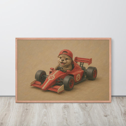 A framed otter nursery wall art print featuring a cute baby otter driving a red formula one race car, perfect F1 nursery decor.