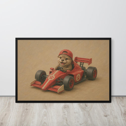 Baby Otter Racing Car Wall Art mockup highlighting f1 nursery and otter print style