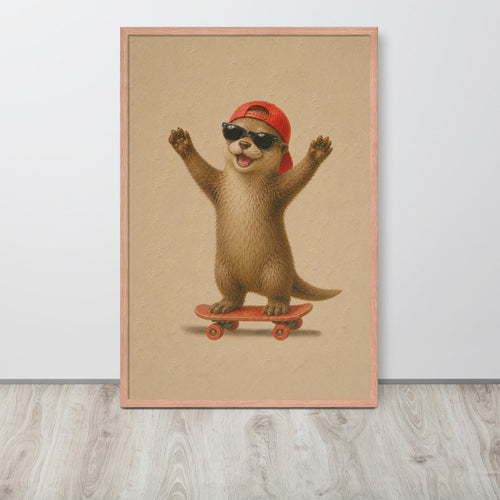 Baby Otter Skateboard Wall Art displayed in a modern room, ideal cute animal print accent for otter poster