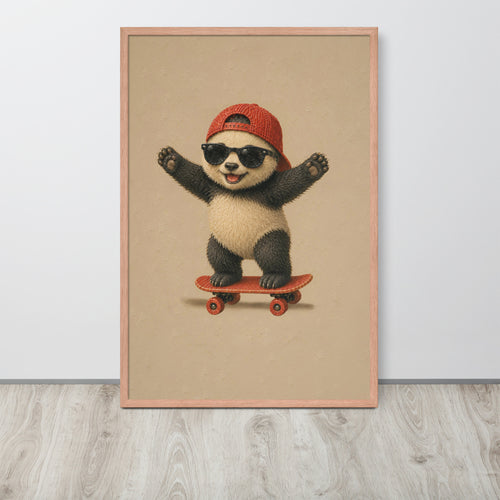 Panda nursery wall art print featuring a cute cartoon panda wearing a red cap and sunglasses while riding a skateboard, displayed on a light gray wall above a wood-look floor.