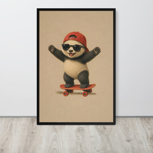 Safari nursery wall art print featuring a cute cartoon panda wearing a red cap and sunglasses while balancing on a skateboard, displayed on a light gray wall above a wood floor.