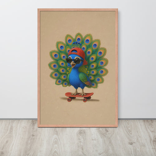 Farm nursery wall art print featuring a blue peacock with a red cap and sunglasses, riding a red skateboard in front of a fanned peacock tail. The print has a beige background and is housed in a light wood frame, leaning against a white wall on a light wood floor.