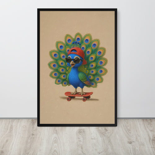 Peacock nursery wall art print featuring a whimsical illustration of a blue peacock with a red cap and sunglasses, standing on a skateboard in front of a fanned peacock tail. The print is displayed on a light gray wall above a light wood floor.
