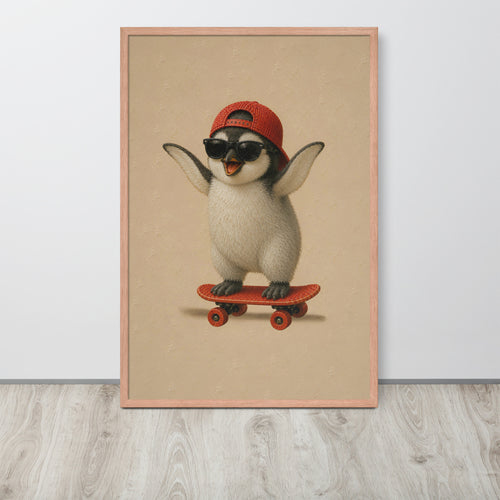 A framed arctic nursery wall art print featuring a cute cartoon penguin wearing a red cap and black sunglasses while riding a red skateboard, set against a textured beige background with a light wood frame.