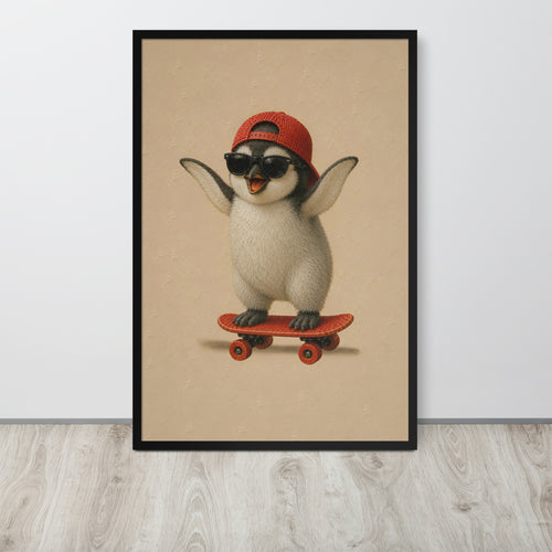 A framed vertical penguin nursery wall art print featuring a cartoon penguin wearing a red cap and black sunglasses while balancing on a red skateboard, displayed against a light gray wall on a light wood floor.