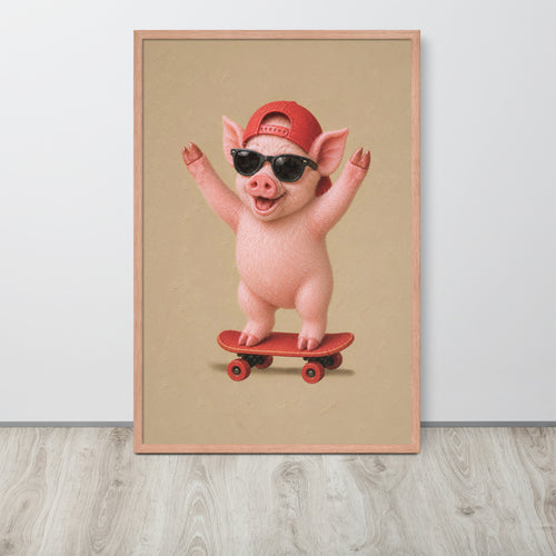 A framed farmyard nursery wall art print featuring a cute pink piglet wearing a red cap and black sunglasses while riding a red skateboard, displayed against a light gray wall on a light wood floor.