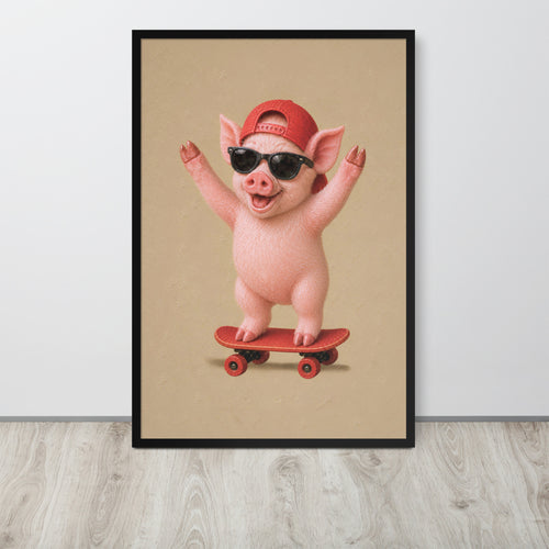 A framed farm nursery wall art print featuring a cartoon pig wearing a red cap and sunglasses while riding a red skateboard, displayed against a light gray wall on a light wood floor.