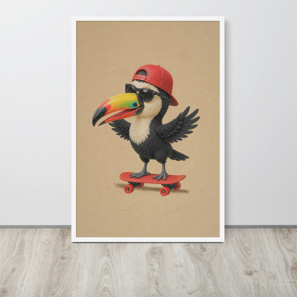 A framed vertical toucan nursery wall art poster print leaning against a light gray wall on a wood floor. The print shows a cartoon toucan wearing a red cap and black sunglasses while riding a red skateboard, on a tan background.