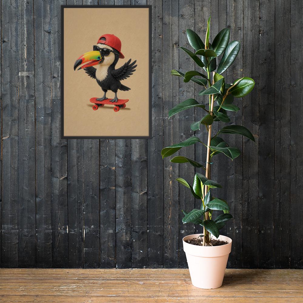 Baby Toucan Skateboard Wall Art displayed in a modern room, ideal kids animal art accent for toucan poster