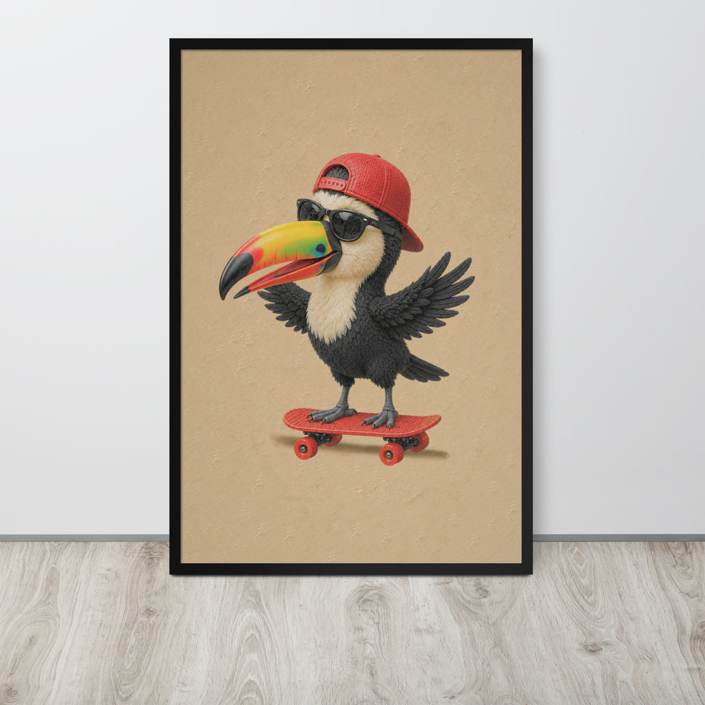 A framed safari nursery wall art print featuring a cartoon toucan wearing a red cap and sunglasses while riding a red skateboard, displayed against a light gray wall on a light wood floor.