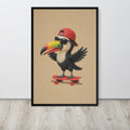 A framed safari nursery wall art print featuring a cartoon toucan wearing a red cap and sunglasses while riding a red skateboard, displayed against a light gray wall on a light wood floor.