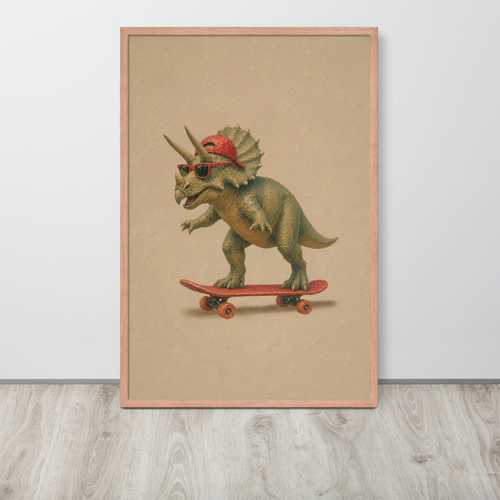 Dino lover wall art print featuring a cute green Triceratops dinosaur wearing a red cap and riding a red skateboard, displayed on a light gray wood floor against a white wall.