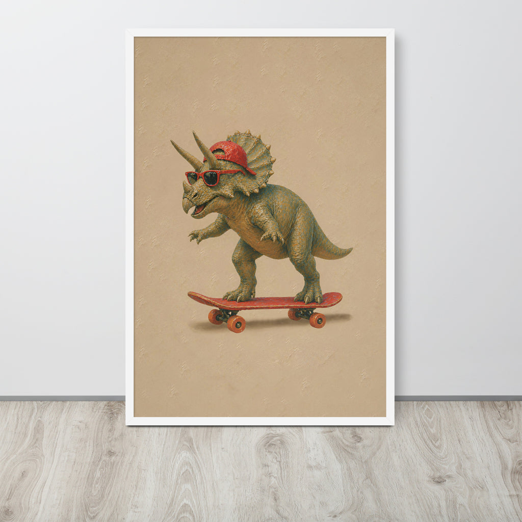 Kids dinosaur bedroom wall art print leaning against a light gray wall on a wood floor. The print shows a green dinosaur wearing a red cap and sunglasses while riding a red skateboard on a beige textured background.