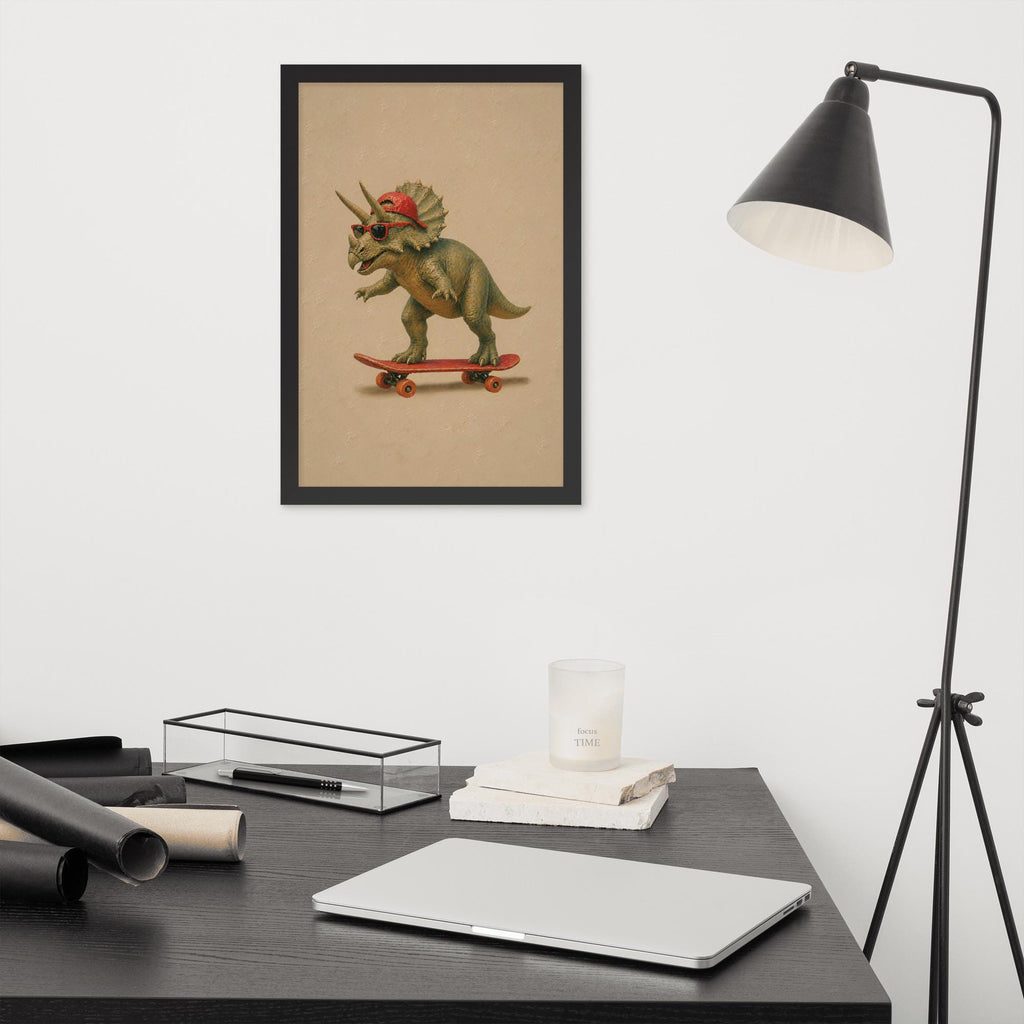 Triceratops Baby Dinosaur Skateboard Wall Art styled on a wall, blending dino poster and funny nursery art inspiration