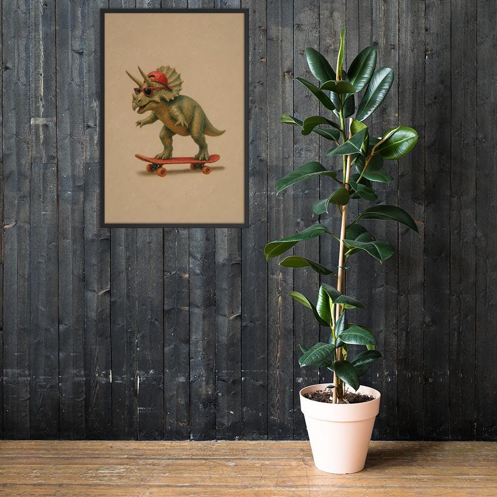 Triceratops Baby Dinosaur Skateboard Wall Art mockup highlighting dinosaur painting and triceratops poster style