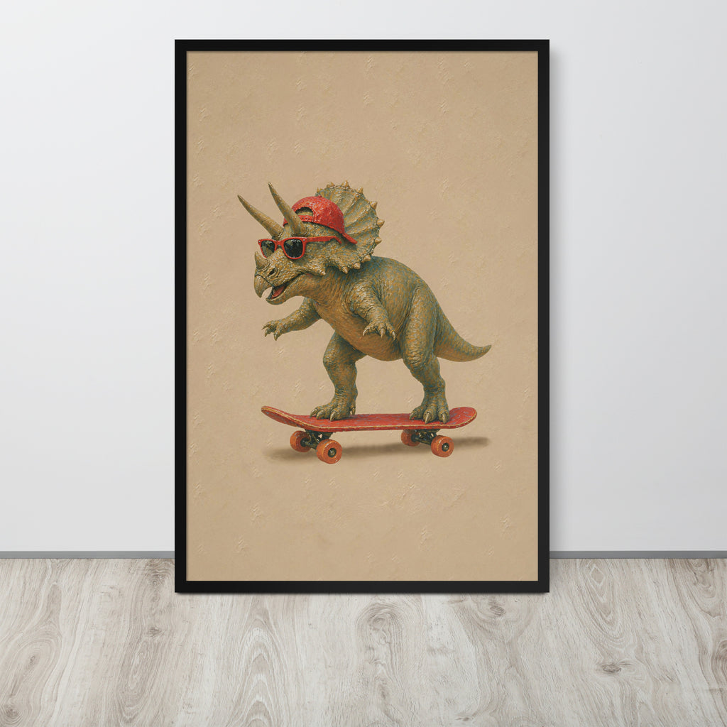 Triceratops dinosaur nursery wall art print featuring a cute green Triceratops dinosaur wearing a red cap and sunglasses while riding a red skateboard, displayed on a light wood floor against a white wall.