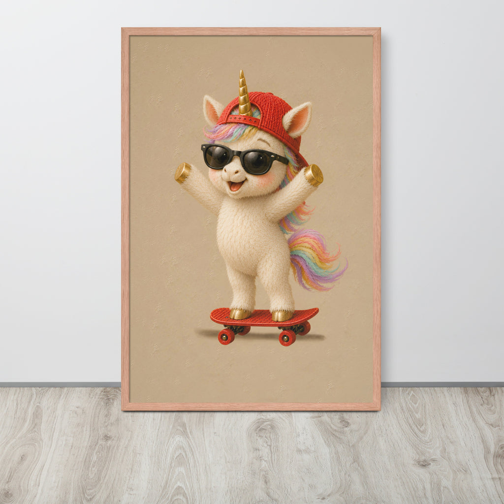 A framed mythical nursery wall art print featuring a cute cartoon unicorn wearing a red cap, sunglasses, and a rainbow mane, standing on a red skateboard against a beige background. The print is displayed on a light gray wall above a light wood floor.