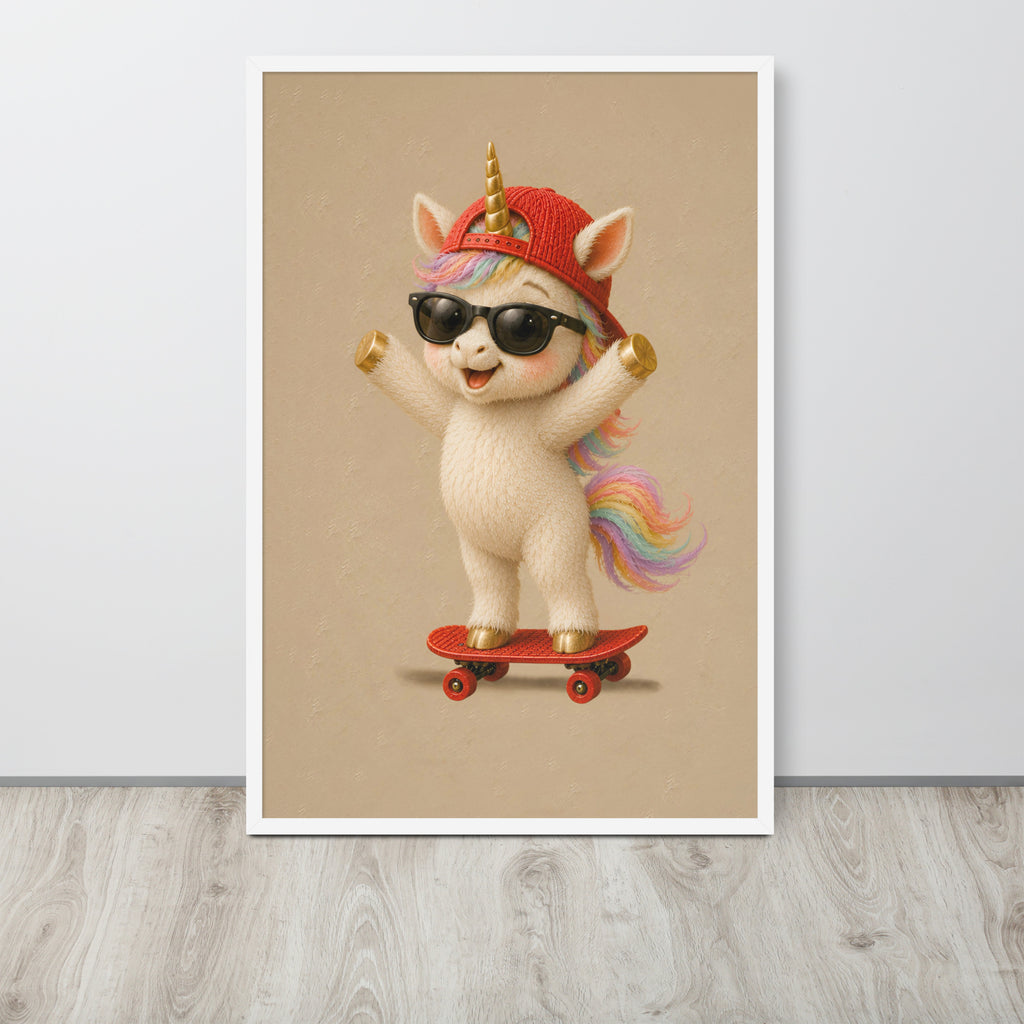 A framed vertical fantasy nursery poster print leaning against a light gray wall on a wood floor, showing a cute cartoon unicorn wearing a red hat, black sunglasses, and a rainbow mane while riding a red skateboard against a beige background.