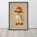 A framed fantasy nursery wall art print featuring a cute cartoon unicorn wearing a red cap, sunglasses, and a rainbow mane, standing on a red skateboard against a beige background. The print is displayed on a light gray wall above a light wood floor.