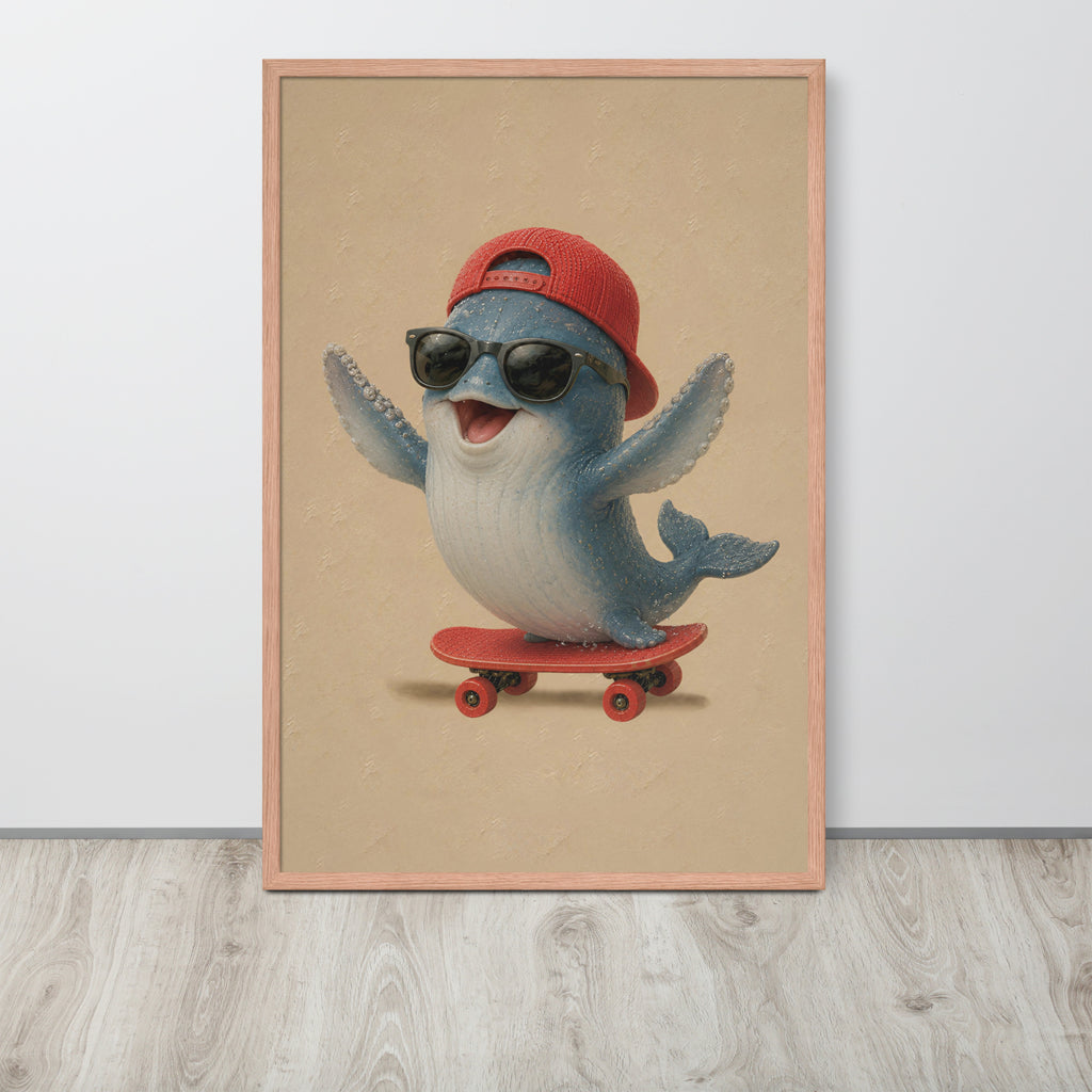 A framed ocean nursery art print featuring a cute blue whale character wearing a red cap, sunglasses, and riding a red skateboard, displayed against a light gray wall on a light wood floor.