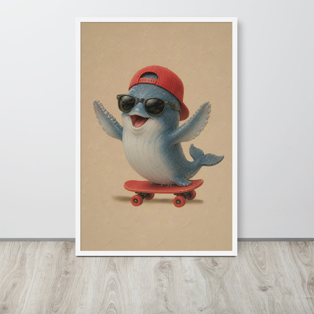 A vertical framed whale nursery wall art poster print featuring a blue cartoon whale wearing a red cap and sunglasses while riding a red skateboard, displayed against a light gray wall on a wood floor.