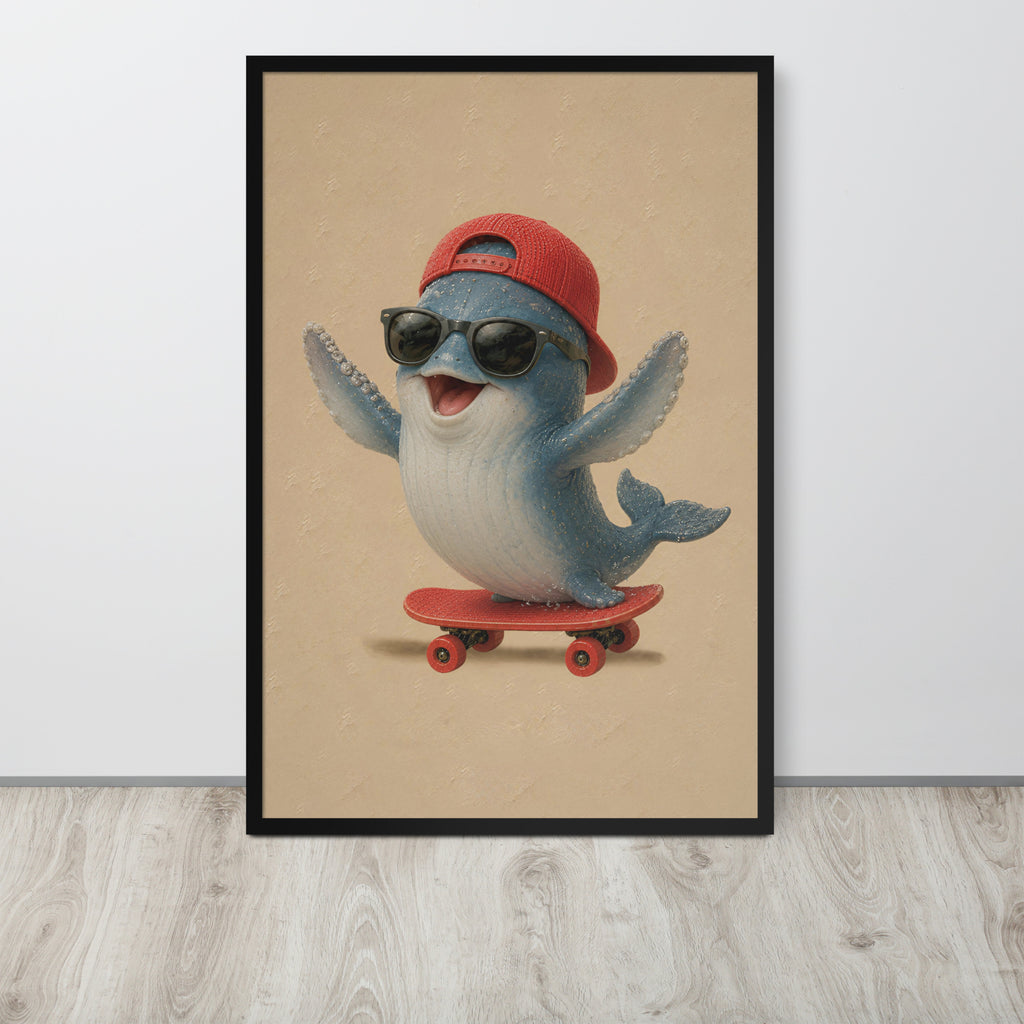 A framed vertical ocean nursery wall art print featuring a blue cartoon whale wearing a red cap, black sunglasses, and riding a red skateboard against a beige textured background, displayed on a light gray wall above a wood floor.